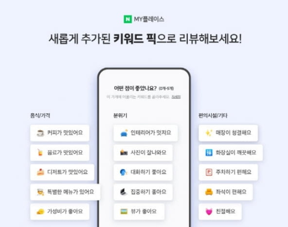 네이버가 도입하기로 한 맛집 대상 '키워드 리뷰'. 가게 특징들을 별점처럼 직관적으로 전달할 수 있다.