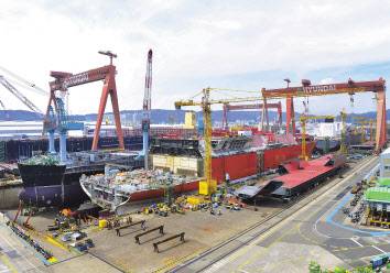 현대중공업 울산도크에서 LNG선이 건조되고 있다. [한국조선해양 제공]