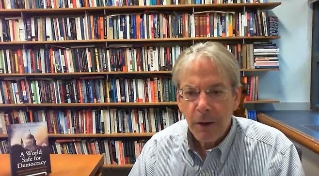 In this captured image John Ikenberry, professor of politics and international affairs at Princeton University, speaks with The Korea Herald in an interview via Zoom.