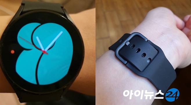 '갤럭시워치4'를 왼쪽 손목에 착용한 모습 [사진=장유미 기자]