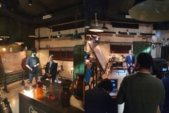 권준수 정신과 교수(왼쪽)와 전상훈 흉부외과 교수(오른쪽)가 지난 1월 유튜브 '서울의대 열린강의실' 촬영을 하고 있다. 이 외에도 전주홍(생리학)ㆍ허대석(내과학ㆍ명예교수)ㆍ유성호(법의학)ㆍ조영민(내과학)ㆍ김나영 (내과학)ㆍ신좌섭 (의학교육학) 교수가 강의 주자로 나섰다. 임 교수 제공