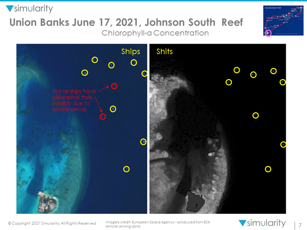 지난 6월 17일 남중국해 스플래리티 군도 내 ‘유니언 뱅크’ 존슨사우스산호초에 정박한 중국어선과 어선이 버린 오폐수 위성사진./사진=시뮬래리티