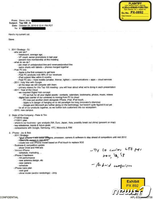 IT매체 더버지는 애플과 에픽게임즈 간의 소송 과정에서 알려진 스티브 잡스의 이메일을 보도했다.(더버지 갈무리) © 뉴스1