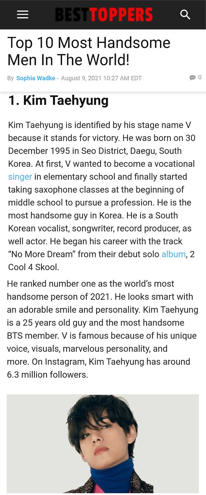 방탄소년단 뷔, '2021 세계에서 가장 잘 생긴 남자 TOP10' 1위..글로벌 미남 新계보