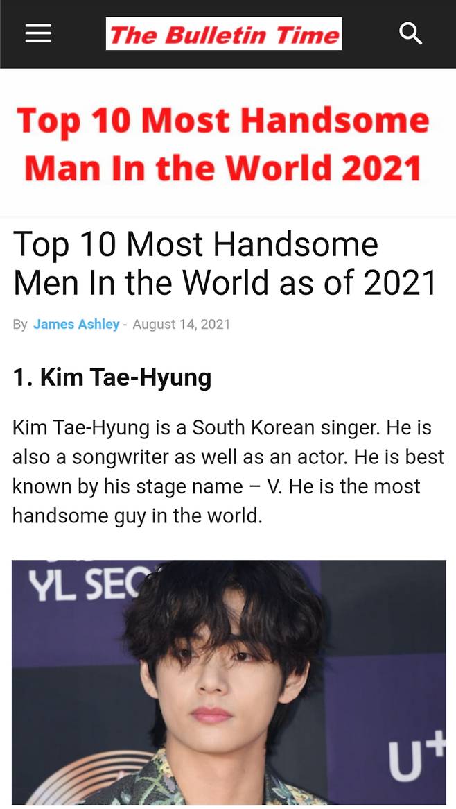 방탄소년단 뷔, '2021 세계에서 가장 잘 생긴 남자 TOP10' 1위..글로벌 미남 新계보