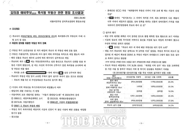 2020 더불어민주당 공직후보검증위 현장조사팀 조사결과보고서. /김의겸 의원 페이스북 갈무리