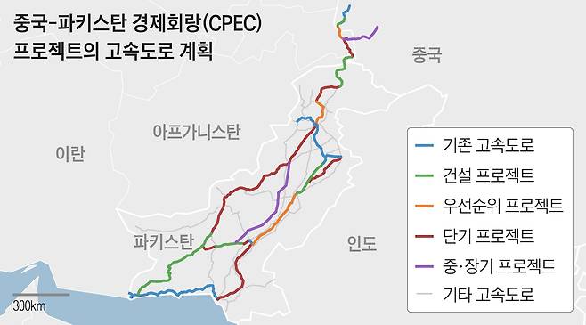 중국 신장 위구르 지역과 아프가니스탄, 파키스탄의 남단 아라비아해를 잇는 중국-파키스탄 경제회랑(CPEC) 프로젝트의 고속도로 계획./파키스탄 정부 웹사이트