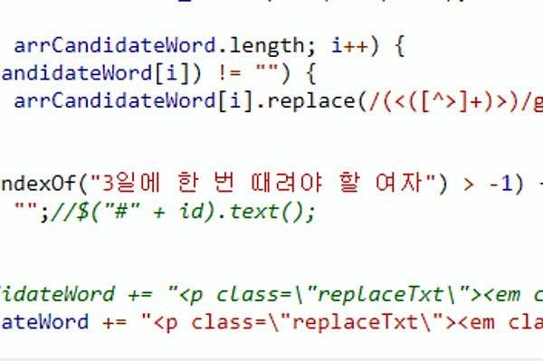 잡코리아 맞춤법 검사기 소스코드에서 발견된 문제의 여혐 문구. 트위터 갈무리