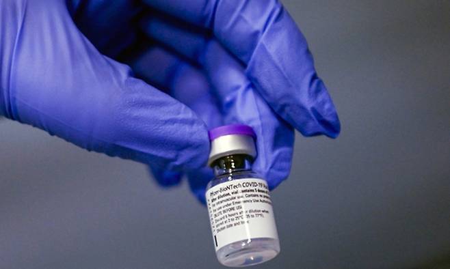 이탈리아 토리노의 한 의료진이 자주색 마개의 화이자 백신 주사병을 들고 있다. AP뉴시스