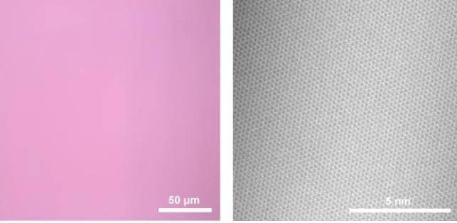 '무결점 그래핀'의 모습 (서울=연합뉴스) 이번 연구에서 제조한 접힘과 적층이 없는 단결정 그래핀의 광학현미경(왼쪽) 및 전자현미경(오른쪽) 이미지. 소재 전체에 걸쳐 균일한 '완벽한 원자 한 층'을 이루고 있음을 확인할 수 있다. 2021.8.26 [과학기술정보통신부 제공]
