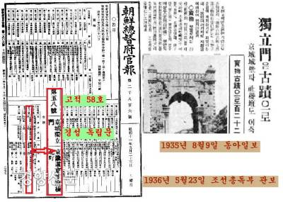1935년 경성(서울) 독립문을 지정문화재(고적)로 지정했다는 사실을 전한 기사와 이를 고시한 조선총독부 관보. 독립문은 당시 고적 58호로 지정됐다.