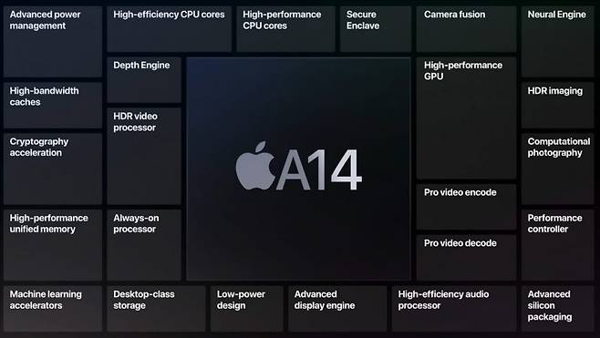 애플 A14 칩. TSMC 5나노 파운드리 공정에서 생산된 것으로 알려져 있다.<사진=애플>