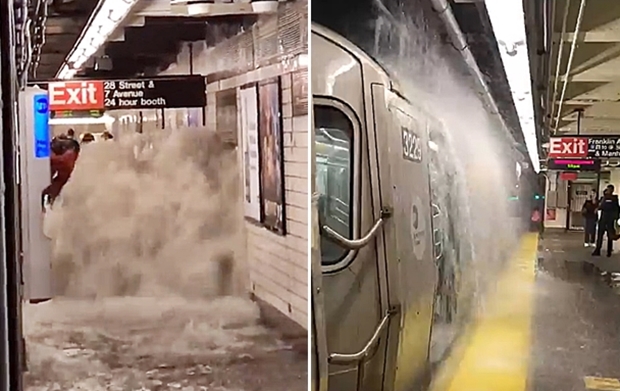 뉴욕 맨해튼 첼시 23번가역에서는 지하철 승강장까지 밀려든 물이 폭포수처럼 쏟아지는 모습이 포착되기도 했다. 넘쳐난 물이 선로까지 들어차면서 열차는 꼼짝없이 갇힌 신세가 됐다.