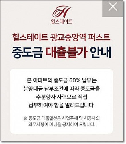 힐스테이트 광교중앙역 퍼스트가 분양을 앞두고 전 평형 중도금 대출이 불가능하다고 청약예정자들에게 통보했다.