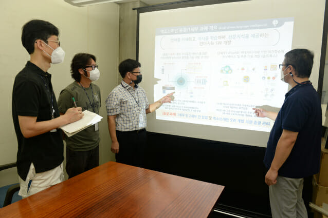 ETRI 연구진이 오피스 문서에 활용할 수 있는 API 기술을 설명하고 있다. 왼쪽부터 김민호 책임연구원, 배용진 선임연구원, 임준호 책임연구원, 이형직 책임연구원.