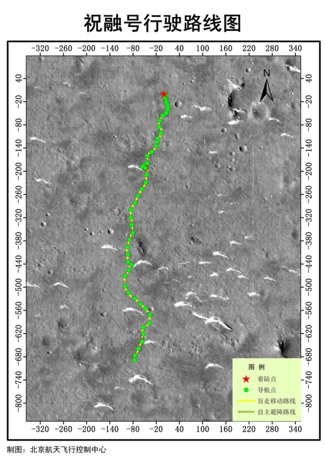 중국국가항천국(CNSA)은 “화성탐사선이 지난 5월15일 착륙한 이후 90개 화성일(지구 날짜 기준 약 92일)간의 탐사 임무를 진행했고, 889m를 이동해 약 10GB의 원시데이터를 수집했다”면서 “주룽호는 예정된 탐사임무를 마무리했다”고 밝혔다. 주룽호가 이동한 경로를 표시한 사진. 2021.08.18