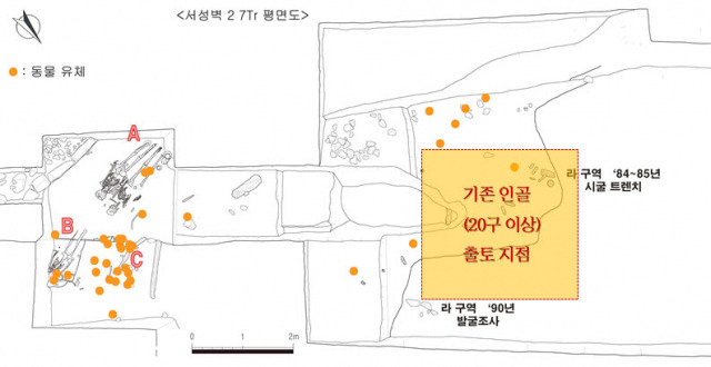 경주 월성 서성벽 발굴조사에서 인신공희의 흔적으로 지난 2017년 발굴된 50대 남녀 인골(A)에 이어 최근 여성 인골(B)이 발견됐다. 여기서 약 10m 성체 안쪽에서는 지난 1985년과 1990년 발굴조사에서 20구 이상의 인골이 출토된 바 있어 이들과 인신공희의 개연성에 대한 추가 연구가 요구된다. /사진제공=국립경주문화재연구소