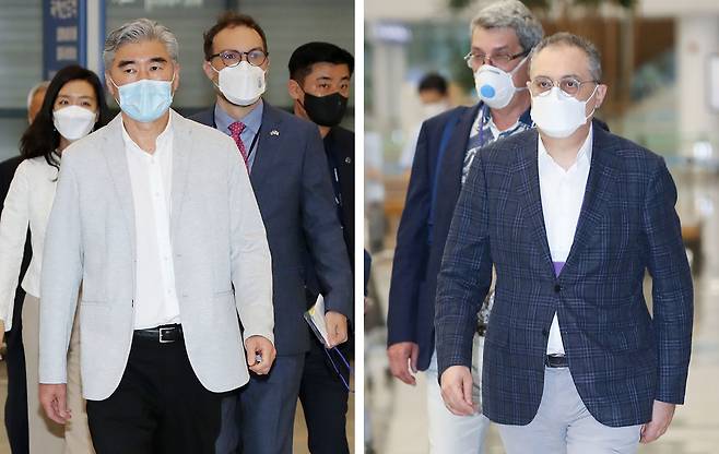 성 김 미국 국무부 대북정책 특별대표(왼쪽)와 이고리 모르굴로프 러시아 북핵 수석대표. ⓒ연합뉴스