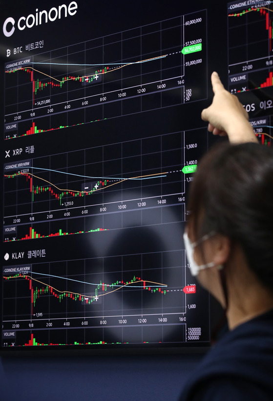 A digital screen operated by cryptocurrency exchange Coinone in Yongsan District, central Seoul shows prices of bitcoin and other cryptocurrencies Wednesday. Bitcoin prices plunged by roughly 10 percent after El Salvador became the first country to adopt bitcoin as a legal tender the previous day. The price of bitcoin at 7 p.m. on Wednesday was $46,216, down 9.33 percent compared to 24 hours ago, according to data from CoinMarketCap. [YONHAP]