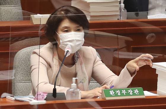 Korean Environment Minister Han Jeoung-ae speaks at a budget committee meeting at the National Assembly in western Seoul Wednesday. [JOINT PRESS CORPS]