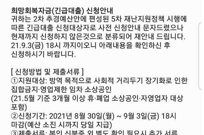 소상공인 정부 지원금인 '희망회복자금'을 도용해 대출을 권유하는 스팸 문자
