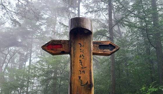 장승 모양의 지리산둘레길 이정표.