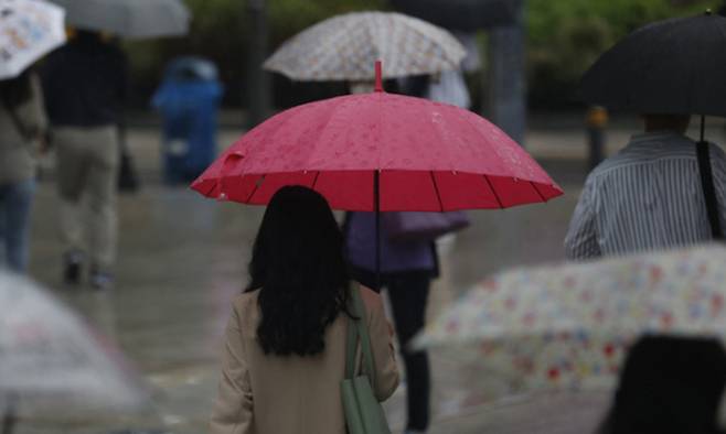 지난 7일 서울 청계광장 인근에서 직장인들이 우산을 쓰고 출근하고 있다. 뉴시스