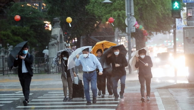 비 오는 날 서울 광화문광장에서 시민들이 우산을 쓰고 걸어가고 있는 모습. 사진=연합뉴스
