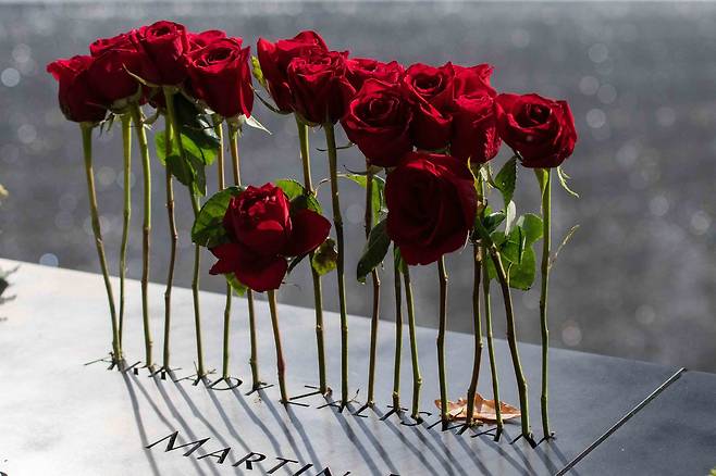 테러 현장에 조성된 추모의 풀 둘레에는 희생자의 이름이 새겨져 있다. 11일 한 희생자의 이름을 새긴 틈을 따라 붉은 장미가 꽂혀 있다. AFP=연합뉴스