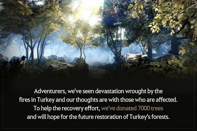 펄어비스가 터키에 묘목 7000 그루 기부 소식을 알리고 있다. 실제 검은사막 게임 내 숲속을 사진 속 배경으로 삼았다. /펄어비스 제공