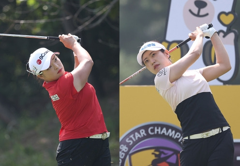 2021년 한국여자프로골프(KLPGA) 투어 메이저 KB금융 스타챔피언십에서 우승한 장하나 프로와 한 시즌 최다 상금 기록을 세운 박민지 프로가 최종라운드에서 경기하는 모습이다. 사진제공=KLPGA