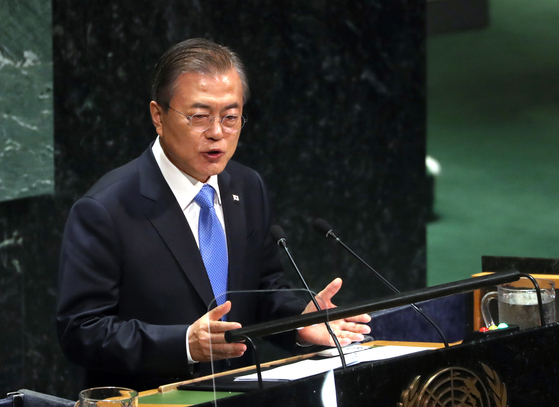 President Moon Jae-in speaks at the United Nations General Assembly in New York on Sept. 25, 2019. He will depart on a five-day trip to the United States Sunday and deliver a keynote address to the UN General Assembly next week for the fifth consecutive year. [YONHAP]