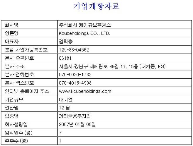 케이큐브홀딩스 2021년 4월 5일 기준 기업개황 자료 [금융감독원 전자공시시스템 캡처. 재판매 및 DB 금지]