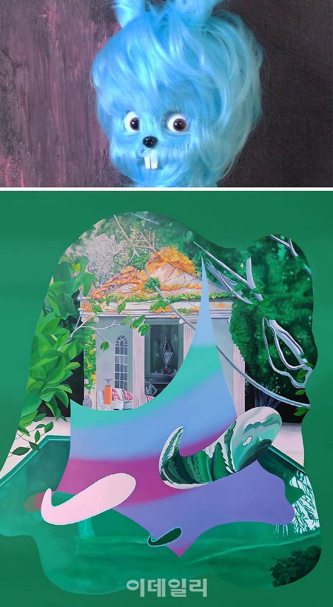 아티스트그룹 레이지비디오가 제작한 NFT 작품 ‘화장실에서’(2021·위)와 천눈이의 NFT 작품 ‘의미와 무의미 사이’(2021). 거울을 들여다보는 토끼 모습을 담은 ‘화장실에서’는 242프레임의 스톱모션 기법으로 제작한 원작을 각 프레임으로 분할한 한 장의 이미지로 만들었고, ‘의미와 무의미 사이’는 캔버스 유화작품을 디지털로 변환한 것이다. 두 작품 모두 국내 최초 NFT 아트페어 ‘넥스트 아트페어’에 출품해 주목받았다(사진=임팩트스테이션).