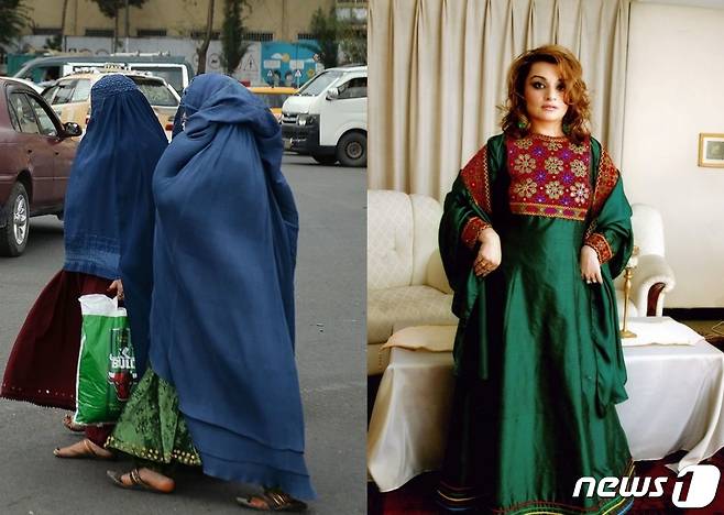 탈레반이 아프가니스탄 여성들에게 '이슬람 복장'(왼쪽) 착용을 강요한 가운데, 전세계의 아프간 여성들이 전통 의상(오른쪽)은 더욱 화려했다며 캠페인을 벌이고 있다. © AFP=뉴스1, 트위터 갈무리