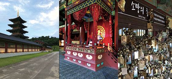 능산리고분군에 있었던 능사를 재현한 곳, 백제문화단지에 재현한 사비궁. 백제 전통 의상과 어좌 체험이 가능하다, 젊은 커플들을 위한 소망의 종 달기