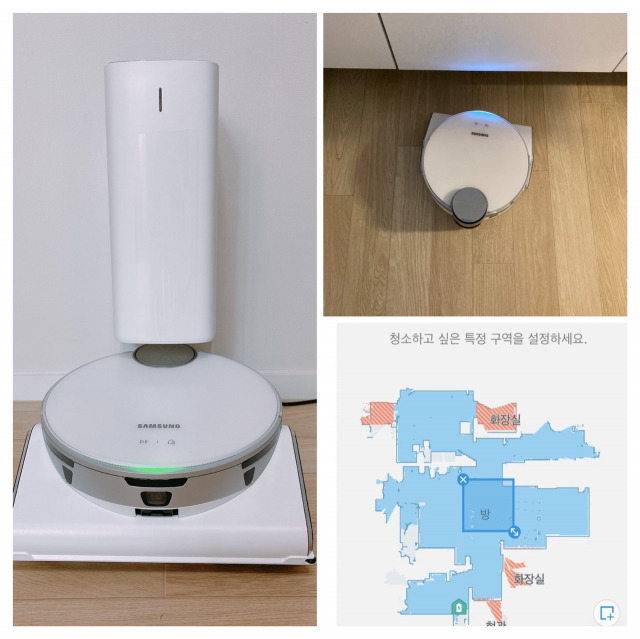사진 왼쪽부터 시계 방향으로 비스포크 제트봇 AI가 일체형 청정스테이션에서 충전을 하고 있다. 비스포크 제트봇 AI가 부엌장과 부딪히지 않는 범위 내에서 청소를 하고 있다. 사물인식 솔루션을 통해 파악한 청소구역(집) 가운데 청소를 해야 할 곳을 별도로 지정(파란색 사각형)한 모습./이수민기자