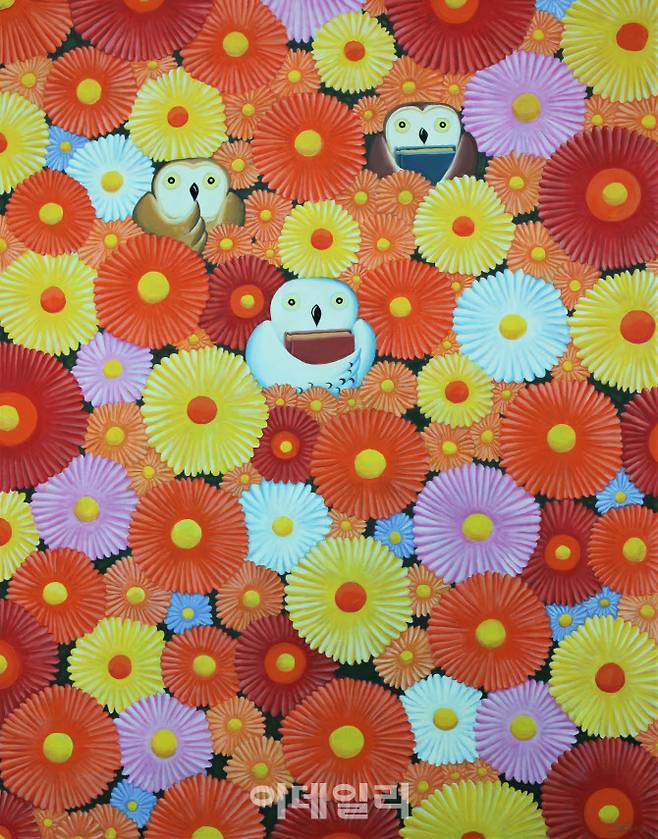 안윤모 ‘꽃과 부엉이(Flowers & Owls·2021), 캔버스에 아크릴, 91×115㎝(사진=청화랑)