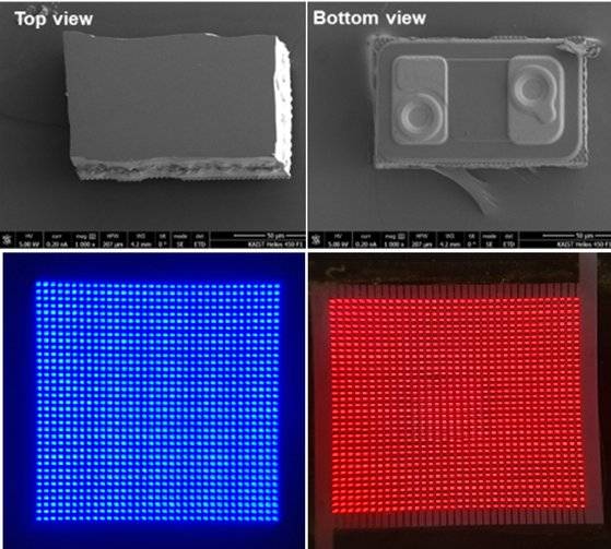 마이크로 LED의 실물(상단)과 ETRI의 공정을 거쳐 완성한 마이크로 LED 배열(하단). [사진 ETRI]
