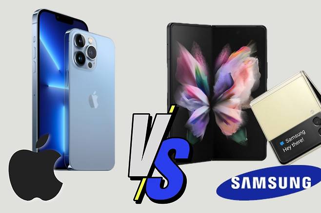 애플 신작 ‘아이폰13’(왼쪽), 삼성전자 ‘갤럭시Z폴드3’ ‘갤럭시Z플립3’(오른쪽). [각 사 제공]