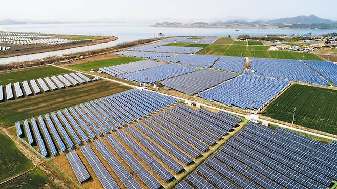 지난 3월 전남 영암군 학산면의 농지 사이로 곳곳에 태양광판이 설치돼 있다. 전남 지역에선 최근 5년간 사라진 농지의 16.9%인 1977ha가 태양광 발전시설로 전용됐다. /김영근 기자