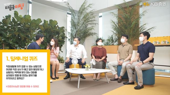 KB증권 박정림, 김성현 대표이사(왼쪽 네번째, 세번째)가 '2021 KB증권 타운홀미팅'을 진행하며 직원들과 함께 퀴즈를 풀고 있다. ⓒKB증권