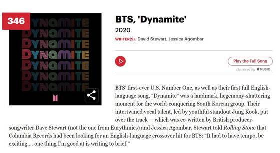 BTS's first English single "Dynamite" made the 500 greatest songs of all time list, compiled by American entertainment magazine Rolling Stone. [ROLLING STONE]