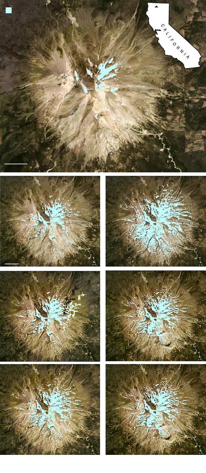 섀스타산의 연간 만년설과 빙하 감소를 보여주는 위성사진.(사진=랜드샛 8호/USGS)