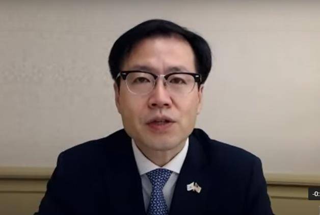 여한구 통상교섭본부장 (워싱턴=연합뉴스) 여한구 산업통상자원부 통상교섭본부장이 16일(현지시간) 미 싱크탱크 브루킹스연구소 화상 대담 행사에서 발언하고 있다. 2021.9.16. [브루킹스연구소 행사 화면 캡처] photo@yna.co.kr