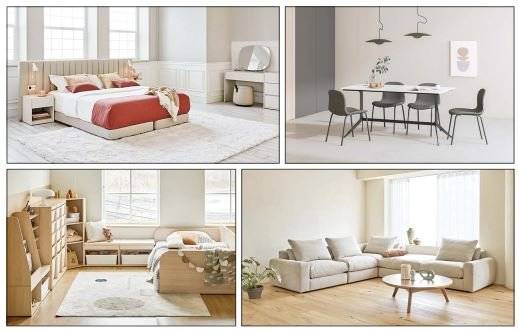 한샘 유로 부티크 침실, 한샘 도노 어반 세라믹 식탁, 한샘 유로 포네 소파, 한샘 샘키즈 마이룸 컬렉션 (왼쪽 위로부터 시계방향으로).