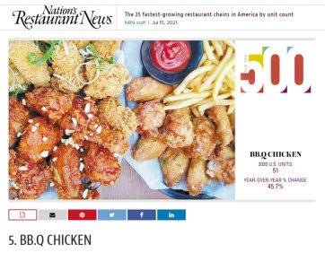 BBQ가 네이션스 레스토랑 뉴스가 발표한 미국 내 급 성장하는 외식 브랜드 5위에 선정됐다.