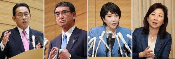 29일 열리는 일본 자민당 총재 선거에 출마한 기시다 후미오 전 자민당 정조회장, 고노 다로 행정개혁담당상, 다카이치 사나에 전 총무상, 노다 세이코 자민당 간사장 대행(왼쪽부터). [EPA=연합뉴스]