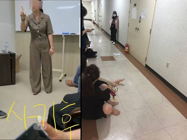 패션킹 오프라인 사무실에서 설명회를 진행하는 이모(사진 왼쪽)과 사건 이후 피해자들(사진 오른쪽). 사진=피해자 제보