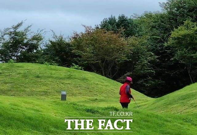 17일 오후 전북 남원시 유곡리와 두락기 고분군(국가지정문화재 사적 542호)에서 한 50대 여성이 골프채로 스윙 연습을 하고 있다. /남원=최영 기자